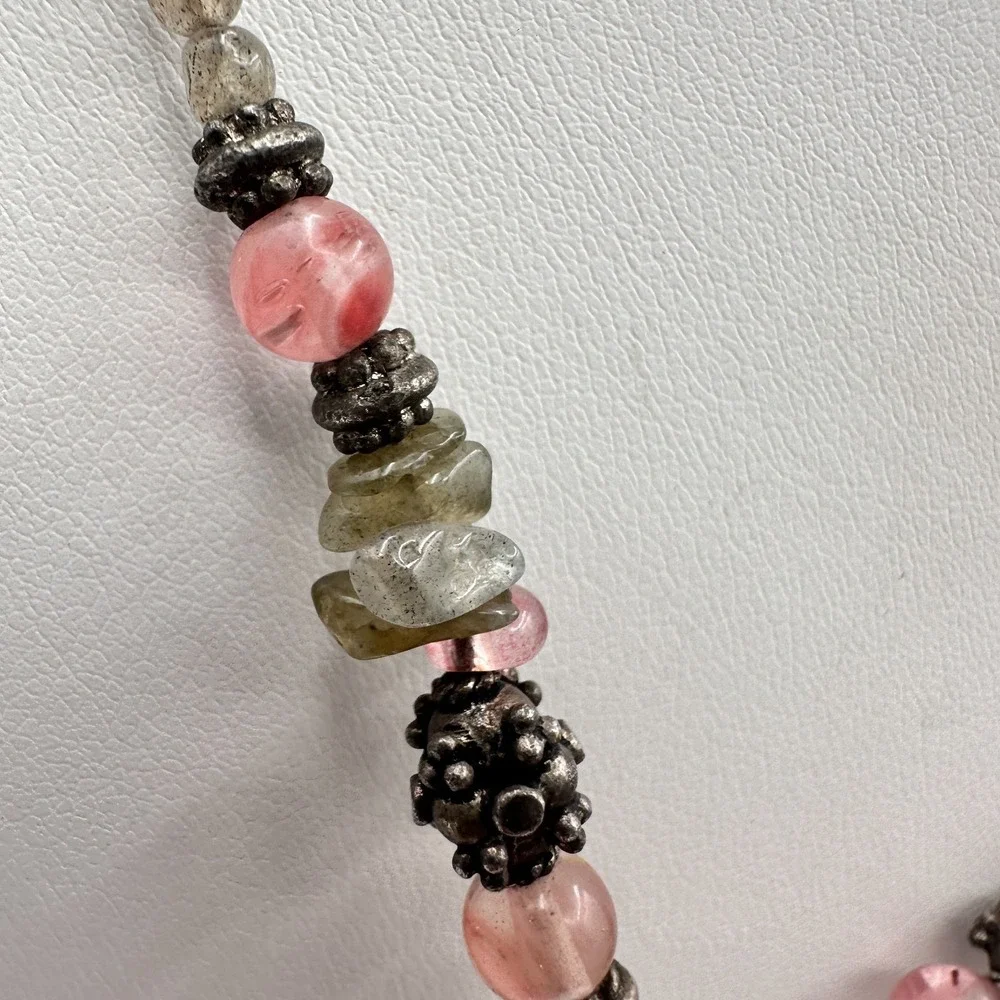 Vintage 90s Strawberry Quartz Labradorite Beaded‎ Necklace Boho Women's Jewelry